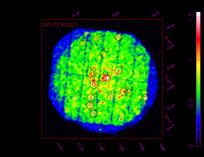XMM-Newton X-ray observation showing point sources and diffuse high-energy emission in a Galactic Ridge field.
