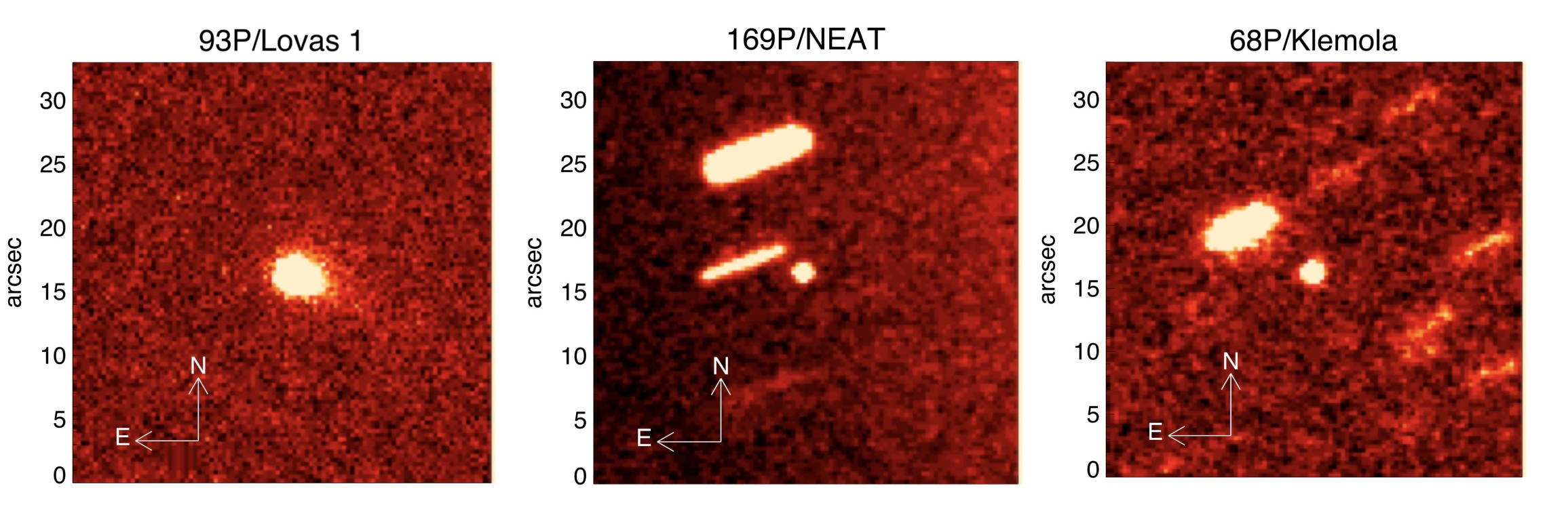 Examples of processed optical R-band imaging of three comets successfully detected at the ESO 3.6-m NTT telescope in May 2007. Comet Lovas 1 shows clear signs of activity, whereas comets NEAT and Klemola appear unresolved.