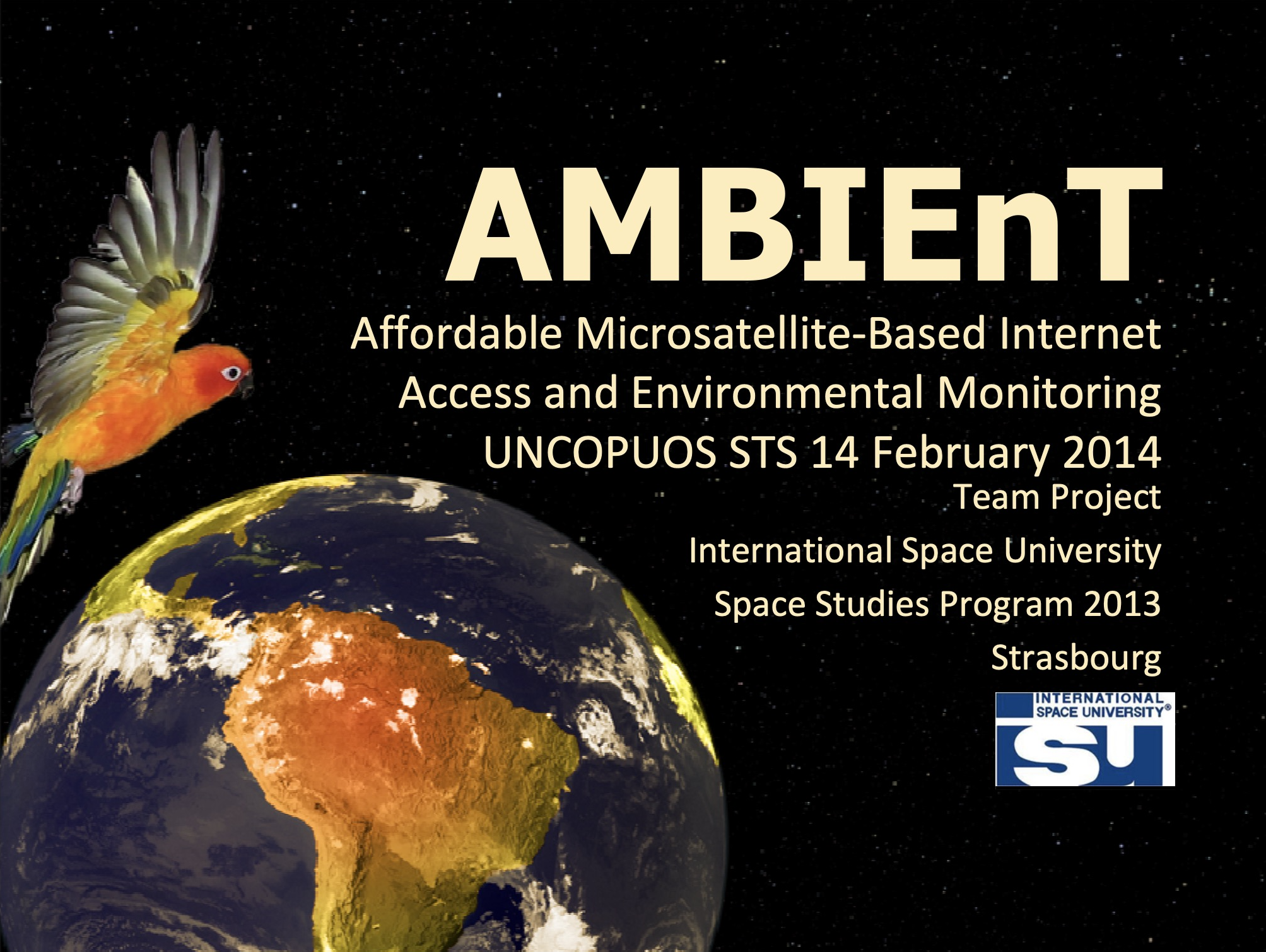 A sun conure parrot flying above a satellite view of South America with the Brazilian Amazon highlighted, the AMBIEnT mission visual.
